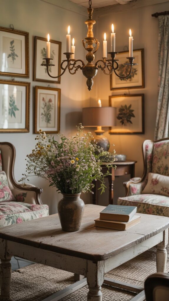 A cozy French farmhouse living room with antique furniture, a wooden table, and a chandelier.