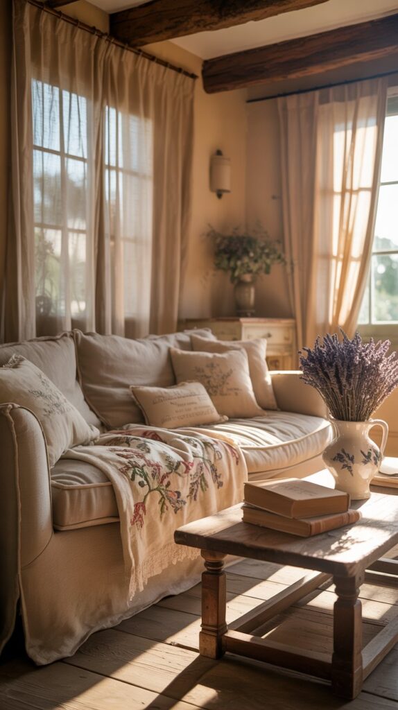 Rustic French farmhouse living room with wooden beams and vintage decor.