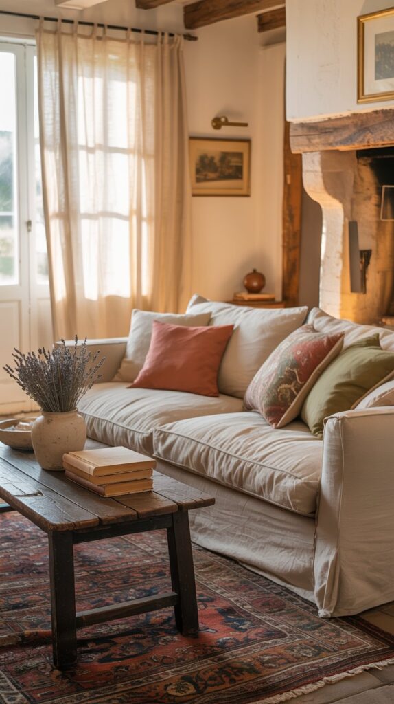 A cozy living room with an earthy color palette featuring wooden elements and natural light.