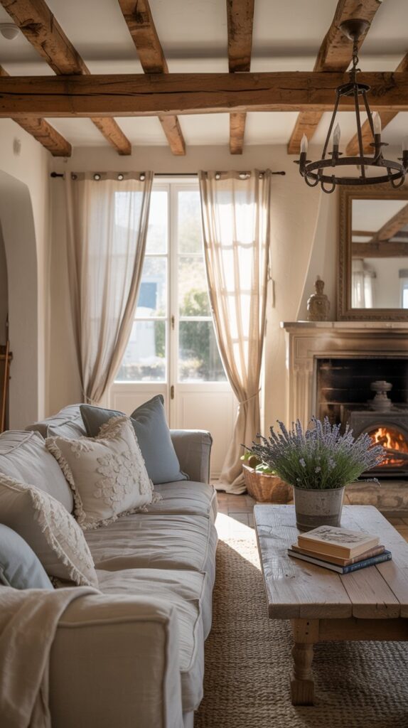 A cozy French farmhouse living room featuring soft seating, a chandelier, and wooden beams.