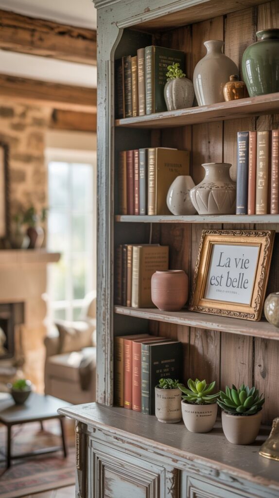 Open shelving in a French farmhouse living room displaying collectibles and plants