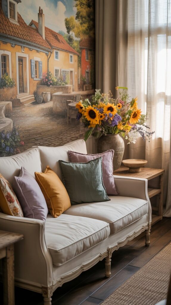 A cozy living room with a colorful mural depicting a village, featuring comfortable seating and vibrant flowers.