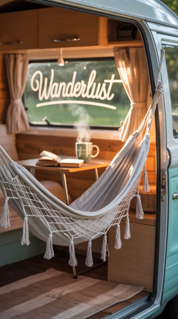 Cozy hammock setup in a small camper with natural light.