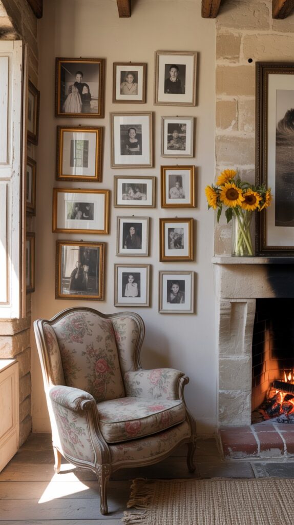 A gallery wall featuring framed black-and-white family photos in a cozy living room setting.