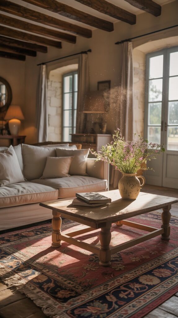 A cozy living room in a French farmhouse with a textured area rug, plush sofas, and a coffee table.