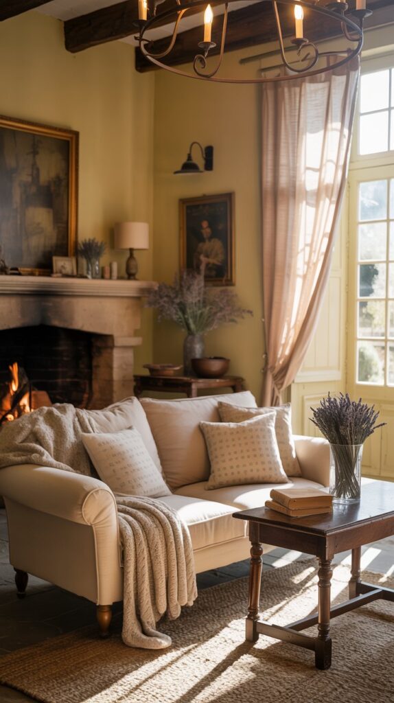 A cozy living room in a French farmhouse featuring warm lighting fixtures, soft furnishings, and inviting decor.
