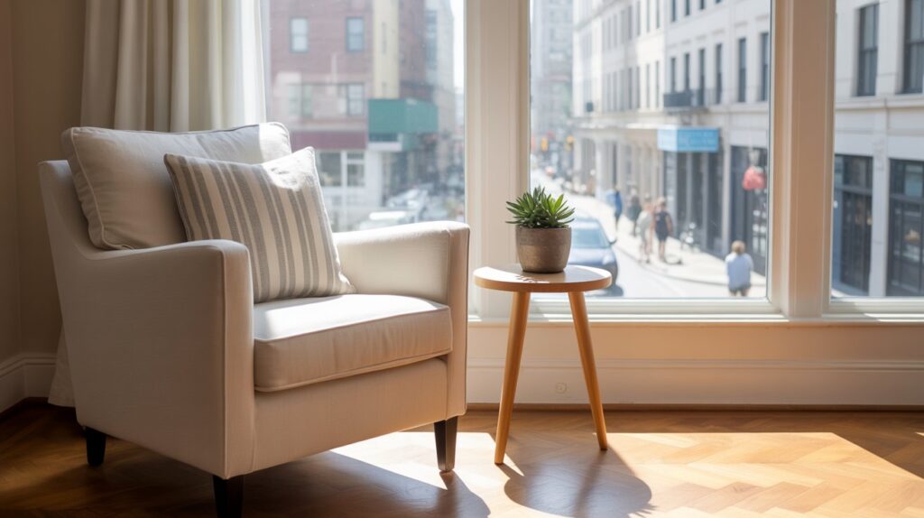 A cozy and minimalist small apartment interior with clever space-saving decor solutions. A sleek floating wall-mounted desk and shelving unit in the foreground, optimizing limited floor space. In the middle ground, a convertible sofa-bed and a nestable set of side tables. The background features a window with sheer curtains, allowing natural light to fill the room and create a bright, airy atmosphere. Accents of warm wood tones, greenery, and soft textiles add a touch of hygge. The lighting is a combination of recessed ceiling fixtures and a simple wall sconce, casting a gentle, ambient glow. The camera angle is slightly elevated, capturing the efficient use of vertical space and the overall sense of spaciousness in the compact living area. A photograph of a cozy, minimalist apartment interior featuring a large window overlooking a bustling city street. A comfortable armchair upholstered in cream-colored linen sits in the foreground, adorned with a single throw pillow patterned with muted grey stripes, and a small wooden side table with a single potted succulent. Soft, diffused sunlight streams through the window, illuminating the polished hardwood floors and highlighting the clean lines of the minimalist decor. The room exudes a sense of calm and understated elegance.