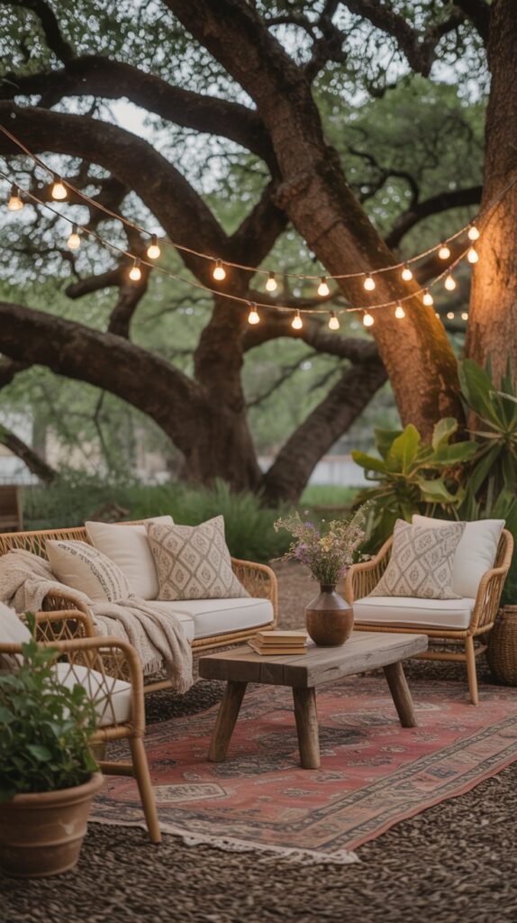 A cozy outdoor space with string lights hanging from trees, a seating area, and plants.
