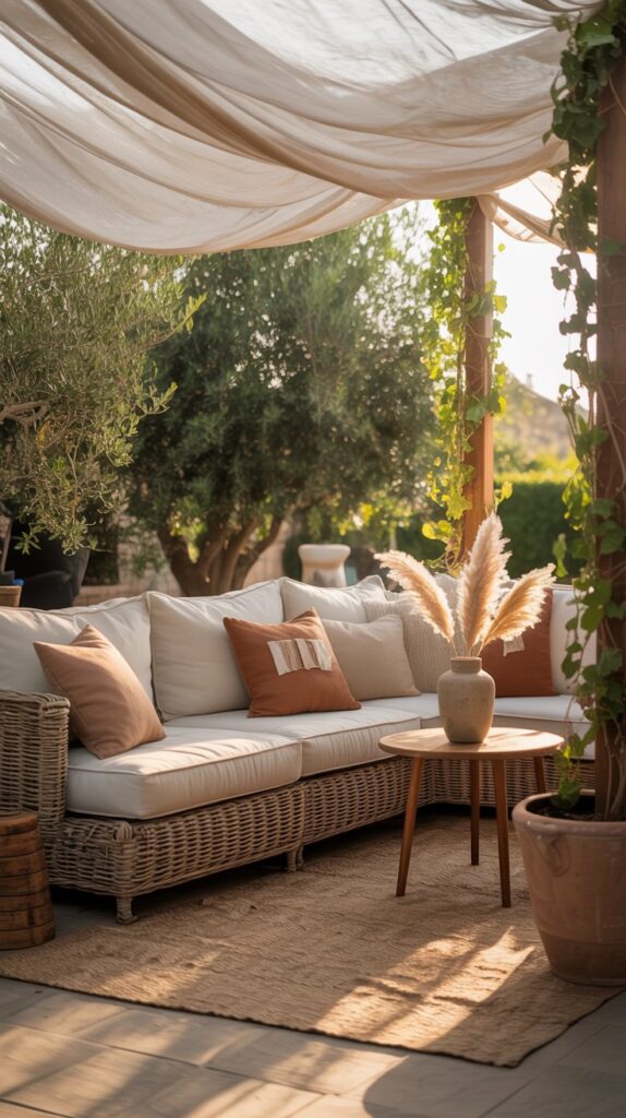 A stylish outdoor space featuring a soft canopy for shade, comfortable wicker furniture, and decorative plants.