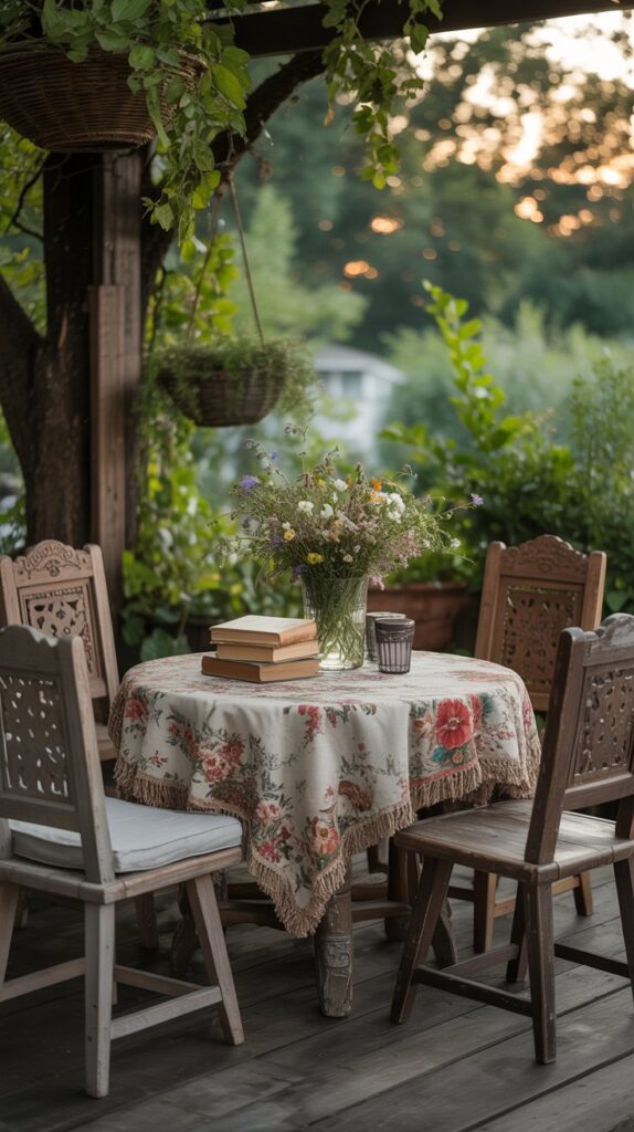 Cozy boho outdoor space with vintage furniture accents, a circular table, wooden seating, and greenery.