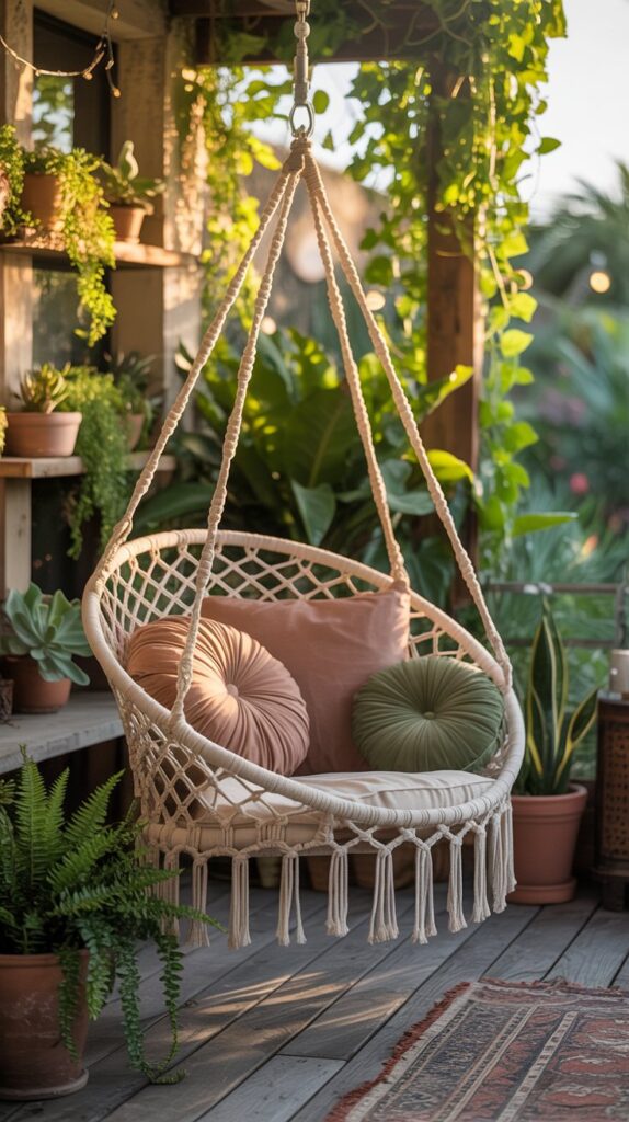 A macrame hanging chair surrounded by green plants