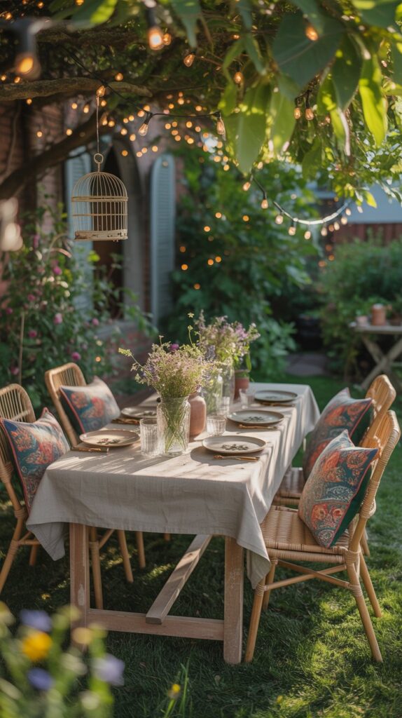 Outdoor dining setup with wooden table, chairs, and greenery