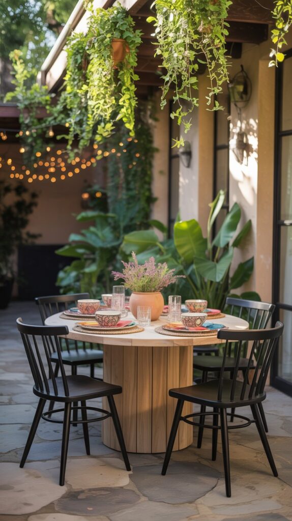 Natural wood dining table set outdoors with black chairs and colorful tableware