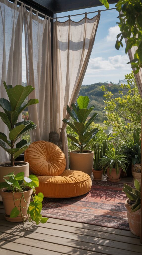A cozy meditation corner with an orange cushion, indoor plants, and natural light filtering through curtains.