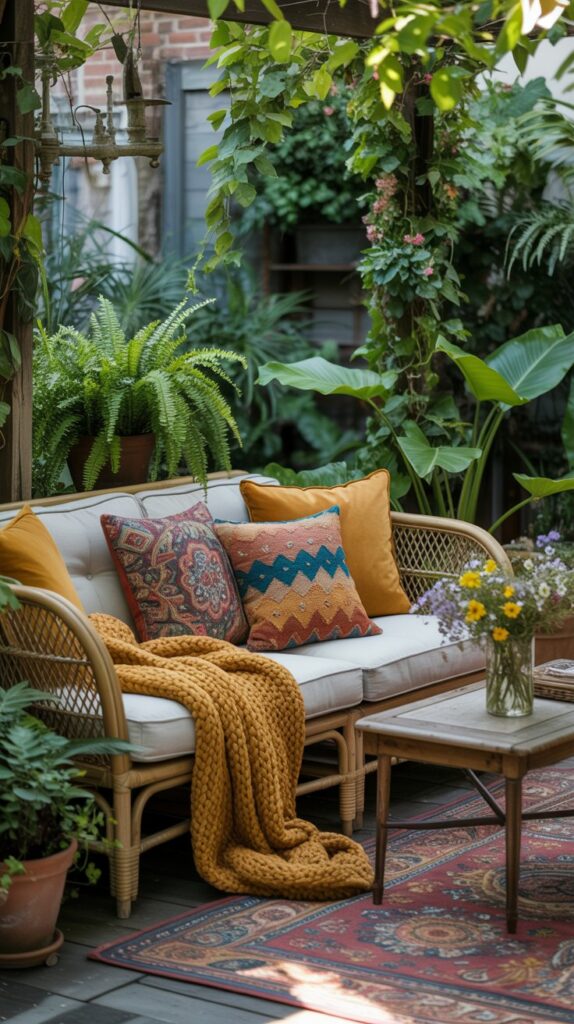 A cozy outdoor seating area with colorful throw pillows and blankets, surrounded by greenery.