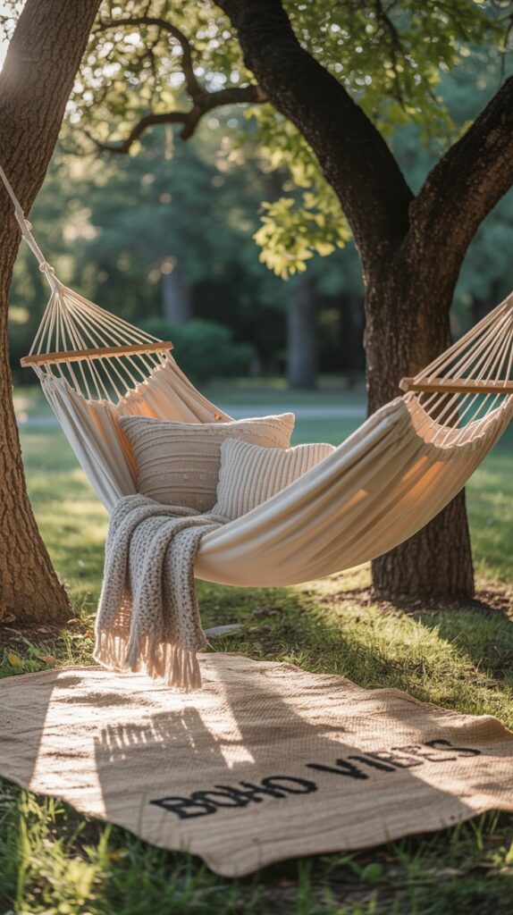 A cozy hammock hanging between two trees in a peaceful outdoor setting.