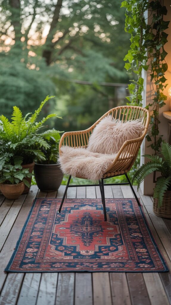 A vibrant outdoor rug with intricate patterns placed on a wooden deck, surrounded by plants and a cozy chair.