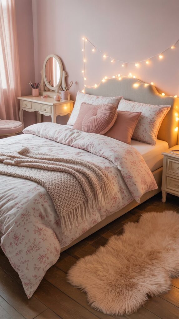 A cozy pastel bedroom with pink walls, fairy lights, a fluffy rug, and a neatly made bed.
