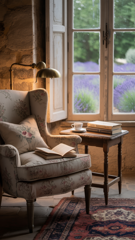 A cozy reading nook in a French farmhouse living room featuring a soft chair and a small side table.
