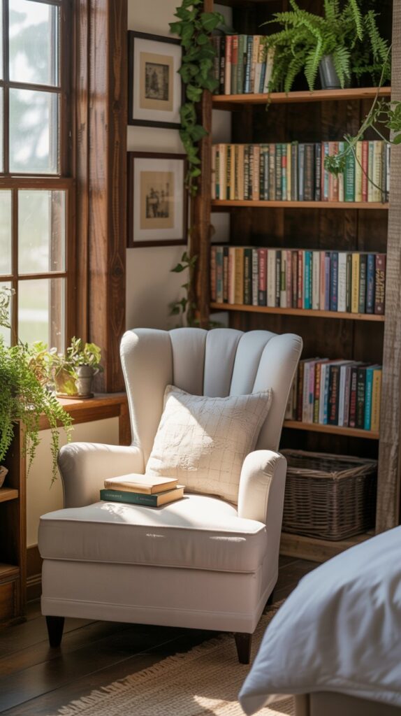 Cozy reading nook in a farmhouse bedroom with an armchair, bookshelf, and plants