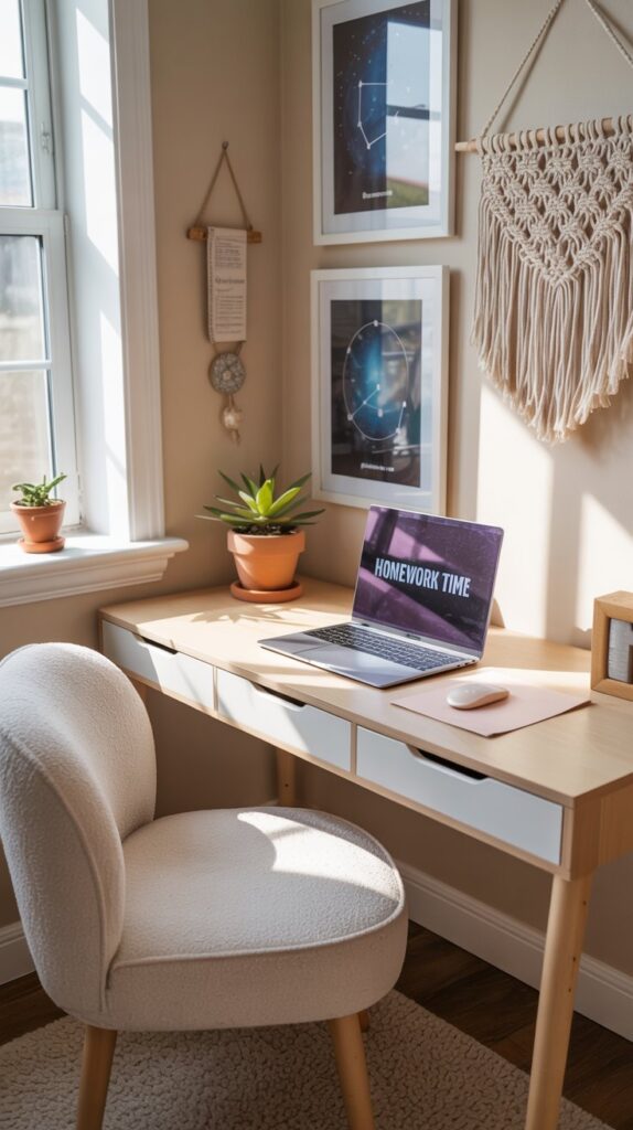 A stylish and cozy study corner with a desk, computer, and decorative wall art.
