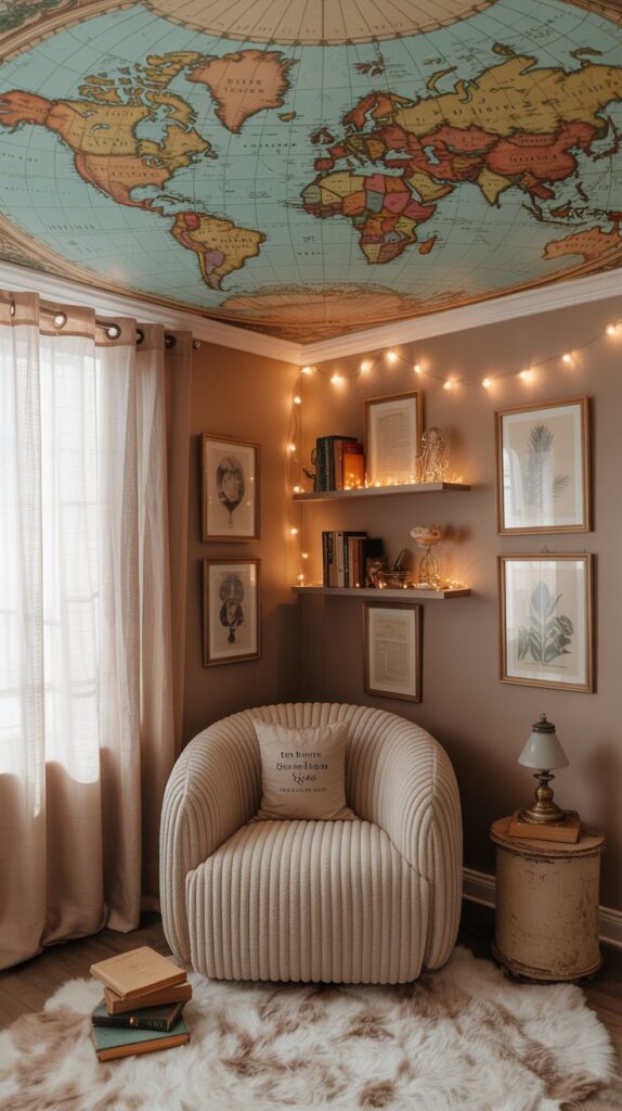 A cozy bedroom with a map ceiling, vintage decor, and a warm color palette.