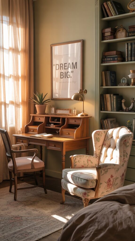 A cozy vintage-inspired teenager's bedroom with warm colors, wooden furniture, and decorative elements.