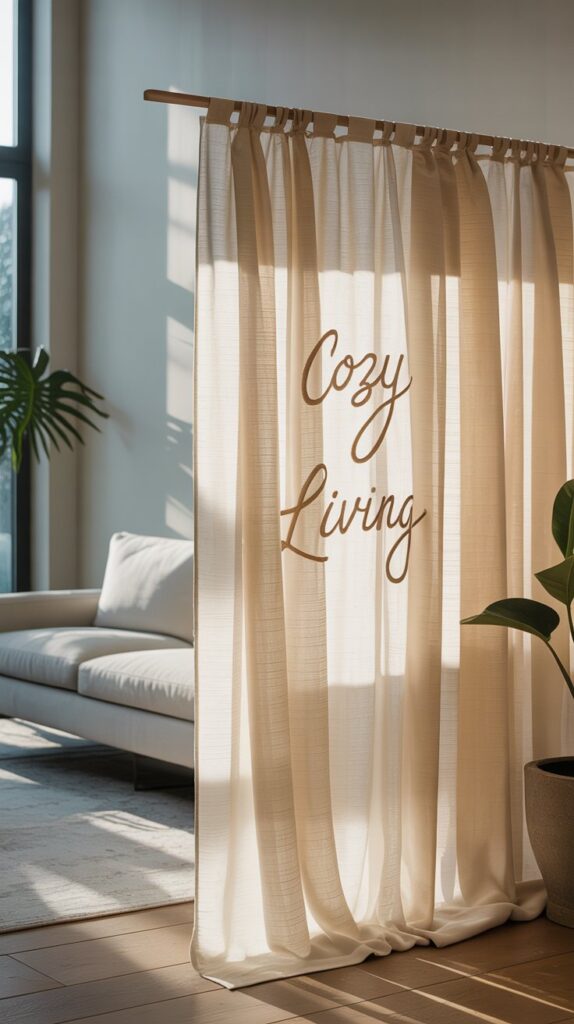 A soft fabric panel divider in a cozy living space, showcasing a stylish and elegant design.
