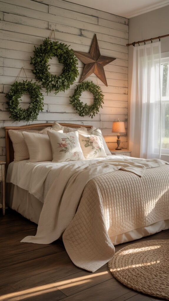 Farmhouse bedroom with a shiplap accent wall featuring wreaths, a wooden star, and cozy bed decor.