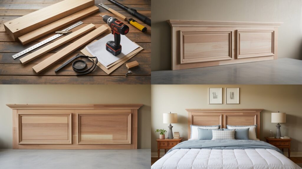 Step-by-step process of building a DIY farmhouse headboard showing materials and assembly