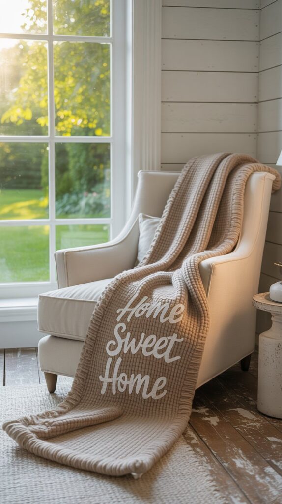 A cozy beige throw blanket is draped over a modern chair in a farmhouse-style bedroom, adding warmth and personal touch.