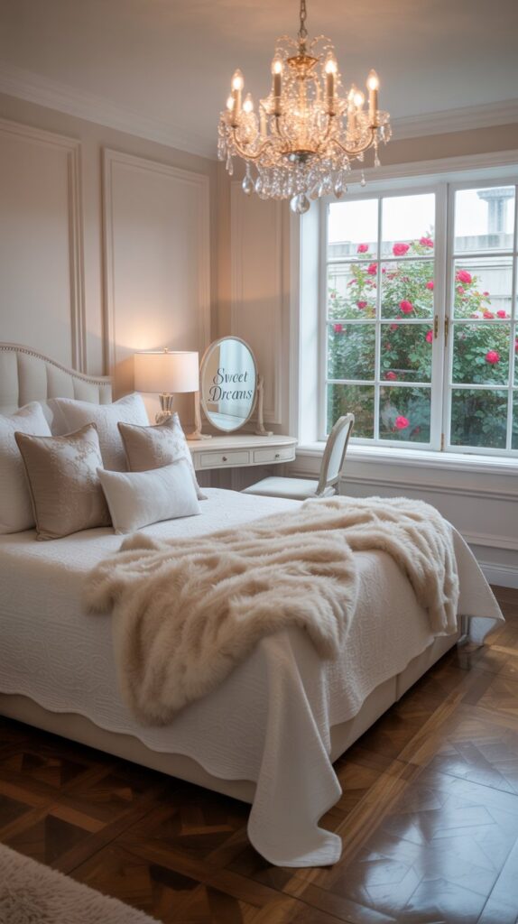 A beautifully designed bedroom with white bedding, a chandelier, and elegant decor.