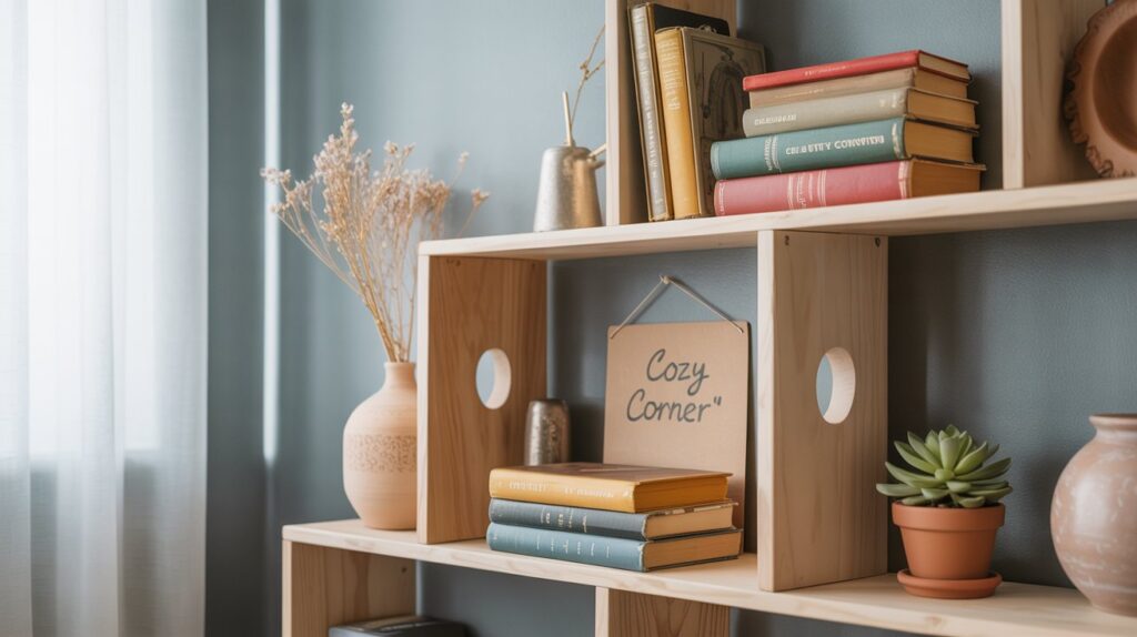 A well-organized and visually appealing arrangement of custom shelving units, featuring a variety of shapes, sizes, and materials. The shelves are set against a neutral-toned wall, creating a harmonious and minimalist backdrop. Warm, diffused lighting from above casts a soft glow, highlighting the intricate textures and unique designs of the shelves. The arrangement showcases a mix of open and closed storage solutions, allowing for personalization and the display of decorative items. The overall composition conveys a sense of modern, customizable living in a small space, reflecting the "Innovative DIY Hacks for Personalised Decor" theme. A well-organized and visually appealing arrangement of custom shelving units, featuring a variety of shapes, sizes, and materials. The shelves are set against a neutral-toned wall, creating a harmonious and minimalist backdrop. Warm, diffused lighting from above casts a soft glow, highlighting the intricate textures and unique designs of the shelves. The arrangement showcases a mix of open and closed storage solutions, allowing for personalization and the display of decorative items. The overall composition conveys a sense of modern, customizable living in a small space, reflecting the "Innovative DIY Hacks for Personalised Decor" theme.