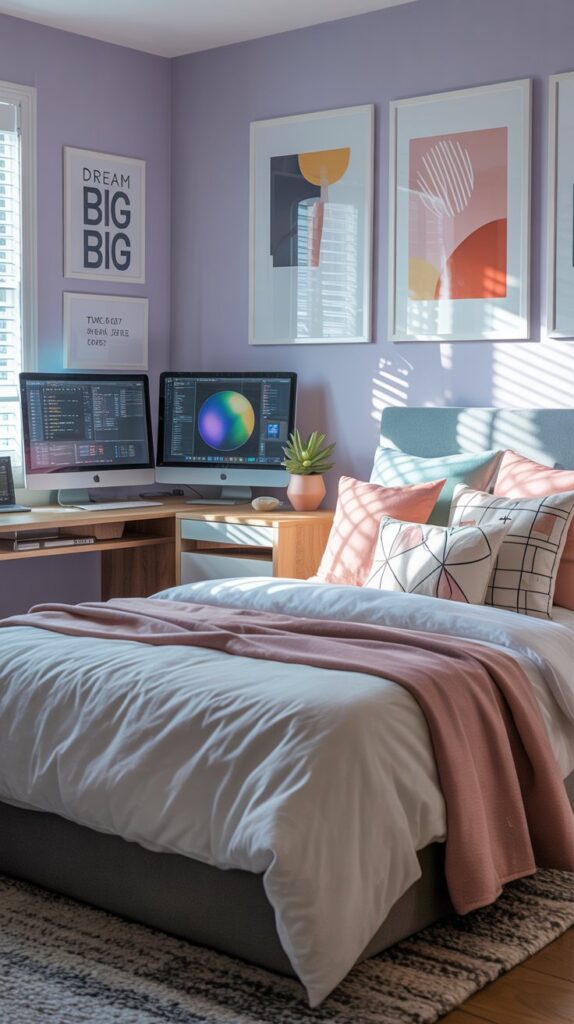 A stylish and organized teen bedroom featuring a bed, two computer screens, and vibrant decor.
