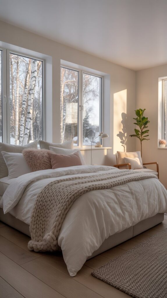 A sleek Scandinavian style teen girl bedroom with large windows, warm wood accents, and cozy bedding.