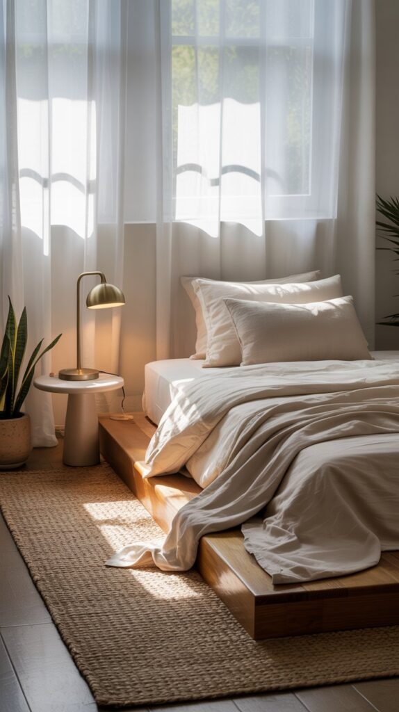 A minimalist zen bedroom featuring a wooden bed, light linens, a small side table with a lamp and plant, and a textured rug