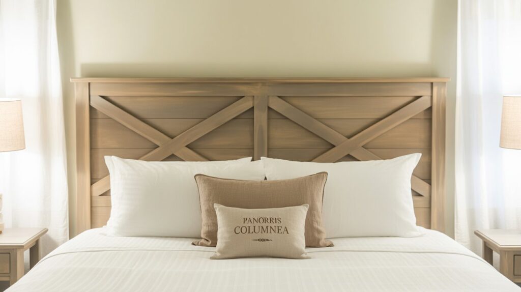 Finished DIY farmhouse headboard with X-frame design and weathered finish