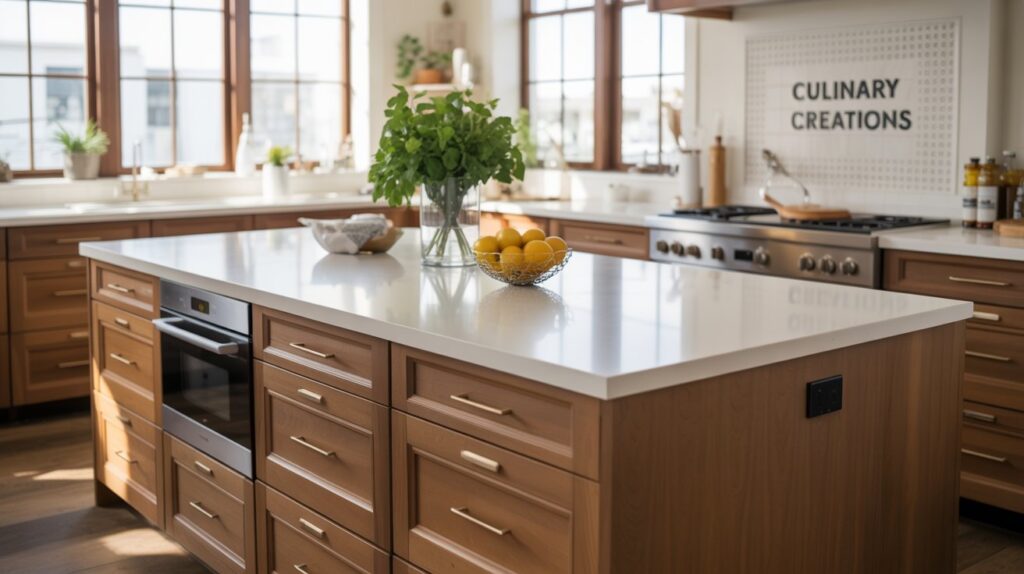 A modern and spacious kitchen island design with clean lines, a large quartz countertop, and plenty of storage space. The island is positioned as the focal point of the room, with natural lighting flooding the space through large windows. The design features a mix of contemporary and rustic elements, such as the wooden cabinets and sleek metal hardware. The overall atmosphere is one of sophistication and functionality, perfectly complementing the open-concept living room layout. A modern and spacious kitchen island design with clean lines, a large quartz countertop, and plenty of storage space. The island is positioned as the focal point of the room, with natural lighting flooding the space through large windows. The design features a mix of contemporary and rustic elements, such as the wooden cabinets and sleek metal hardware. The overall atmosphere is one of sophistication and functionality, perfectly complementing the open-concept living room layout.
