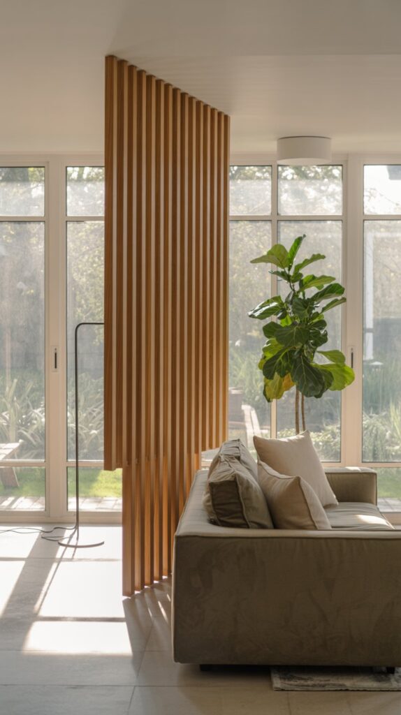 A modern living room with a wooden room divider, large windows, and stylish furniture