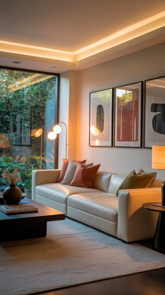 A modern living room with layered lighting featuring floor and table lamps, recessed lights, and a warm color palette.