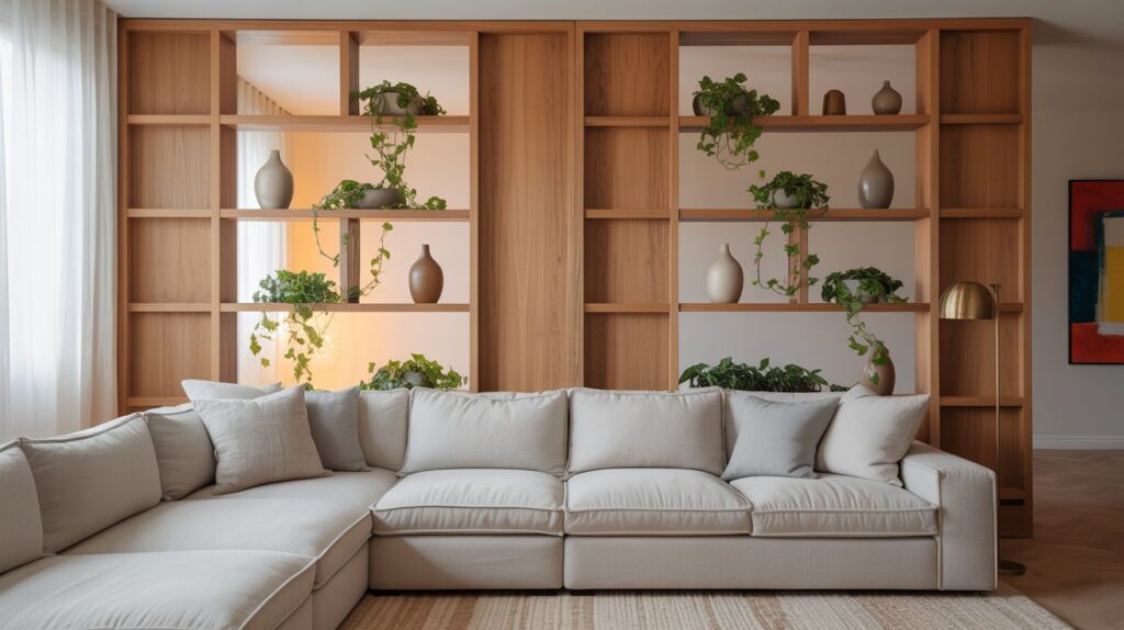 A cozy and stylish living room with a beautiful furniture room divider serving as the focal point. The divider is crafted from natural wood and features clean, minimalist lines, with delicate shelves and openings that allow light to flow through. In the foreground, plush seating and soft textiles create an inviting atmosphere, while potted plants and artwork on the walls add pops of color and character. The room is softly lit, with warm, ambient lighting from a pair of stylish floor lamps, casting a gentle glow over the space. The overall mood is one of relaxation and sophisticated charm, showcasing how a thoughtfully designed furniture piece can effortlessly divide a living area without the need for a permanent wall. A cozy and stylish living room with a beautiful furniture room divider serving as the focal point. The divider is crafted from natural wood and features clean, minimalist lines, with delicate shelves and openings that allow light to flow through. In the foreground, plush seating and soft textiles create an inviting atmosphere, while potted plants and artwork on the walls add pops of color and character. The room is softly lit, with warm, ambient lighting from a pair of stylish floor lamps, casting a gentle glow over the space. The overall mood is one of relaxation and sophisticated charm, showcasing how a thoughtfully designed furniture piece can effortlessly divide a living area without the need for a permanent wall.