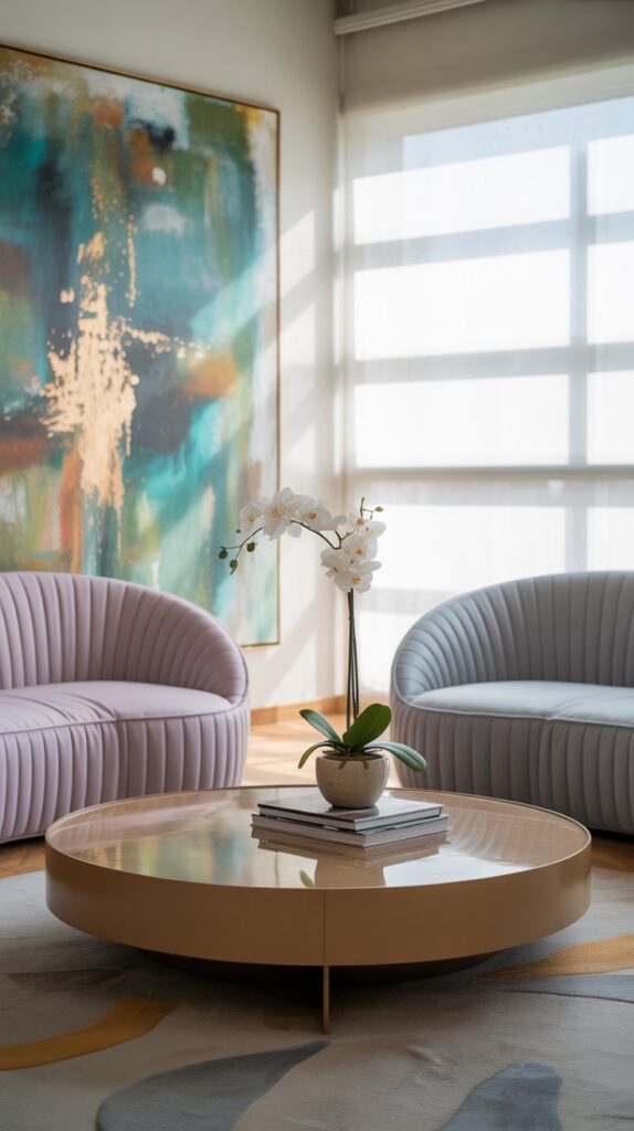 A stylish living room featuring round sofas in soft colors, a round coffee table, and wooden accents, creating a playful atmosphere.