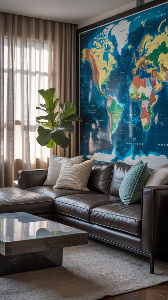 A living room with an interactive world map on the wall, comfortable seating, and a stylish coffee table.