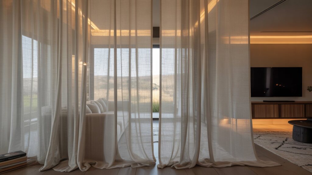 A lush, detailed fabric texture of room dividing curtains, capturing the rich, intricate patterns and subtle sheen of the material. The curtains hang in a soft, elegant drape, casting gentle shadows that create a sense of depth and dimension. The lighting is warm and diffused, imbuing the scene with a cozy, inviting atmosphere. The camera angle is slightly elevated, allowing the viewer to appreciate the full, luxurious texture of the fabric. This image evokes the versatility and visual appeal of room dividing curtains, hinting at their ability to seamlessly partition a living space while enhancing the overall aesthetic. A lush, detailed fabric texture of room dividing curtains, capturing the rich, intricate patterns and subtle sheen of the material. The curtains hang in a soft, elegant drape, casting gentle shadows that create a sense of depth and dimension. The lighting is warm and diffused, imbuing the scene with a cozy, inviting atmosphere. The camera angle is slightly elevated, allowing the viewer to appreciate the full, luxurious texture of the fabric. This image evokes the versatility and visual appeal of room dividing curtains, hinting at their ability to seamlessly partition a living space while enhancing the overall aesthetic.