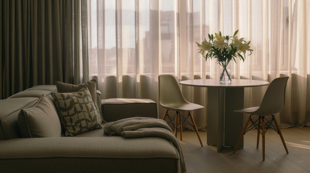 A cozy living room with distinct zones for relaxation and dining, bathed in warm, natural lighting that filters through sheer curtains. In the foreground, a comfortable sofa and armchair arrangement, with a small, round dining table and two minimalist chairs in the middle ground. Subtle room dividers, such as a low bookshelf or a decorative screen, create a sense of separation between the zones, while maintaining an open and inviting flow. The background features a large window overlooking a city skyline, adding depth and a sense of connection to the outside world. The overall aesthetic is clean, modern, and harmonious, showcasing how small spaces can be artfully divided into functional, visually distinct areas. A cozy living room with distinct zones for relaxation and dining, bathed in warm, natural lighting that filters through sheer curtains. In the foreground, a comfortable sofa and armchair arrangement, with a small, round dining table and two minimalist chairs in the middle ground. Subtle room dividers, such as a low bookshelf or a decorative screen, create a sense of separation between the zones, while maintaining an open and inviting flow. The background features a large window overlooking a city skyline, adding depth and a sense of connection to the outside world. The overall aesthetic is clean, modern, and harmonious, showcasing how small spaces can be artfully divided into functional, visually distinct areas.