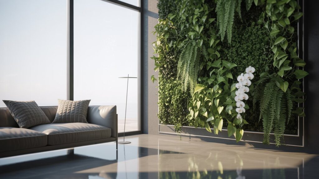 a lush, living wall of verdant, cascading plants serving as a natural room divider in a modern, minimalist living room setting. The plants appear vibrant and healthy, with a variety of textures and shades of green creating a sense of depth and movement. The lighting is soft and natural, filtering through large windows and casting a warm, inviting glow. The room's decor is simple and uncluttered, allowing the living wall to take center stage as a focal point. The overall atmosphere is one of tranquility and harmony, with the plants seamlessly blending the two halves of the space. a lush, living wall of verdant, cascading plants serving as a natural room divider in a modern, minimalist living room setting. The plants appear vibrant and healthy, with a variety of textures and shades of green creating a sense of depth and movement. The lighting is soft and natural, filtering through large windows and casting a warm, inviting glow. The room's decor is simple and uncluttered, allowing the living wall to take center stage as a focal point. The overall atmosphere is one of tranquility and harmony, with the plants seamlessly blending the two halves of the space.