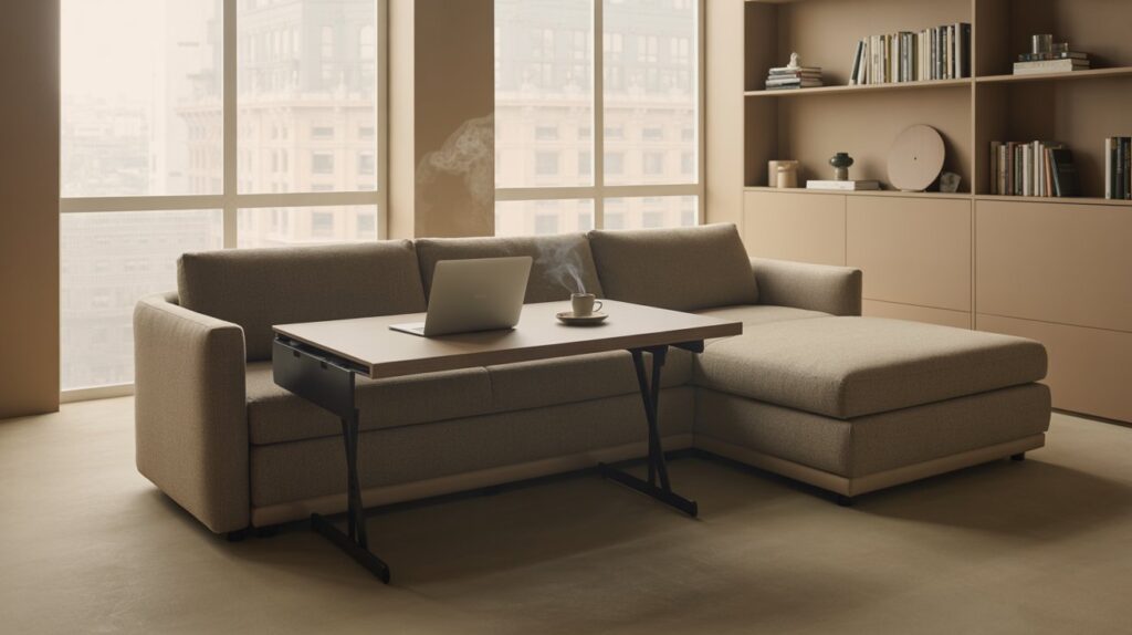 An interior with a multifunctional L-shaped sofa that doubles as a daybed, a retractable table that can be extended for dining or work, and a shelving unit with hidden storage compartments. The scene is bathed in warm, natural lighting from large windows, creating a cozy and inviting atmosphere. The furniture pieces are minimalist in design, with clean lines and neutral tones that complement the muted color palette of the room. The overall layout emphasizes efficient use of space, showcasing creative solutions for maximizing functionality in a small apartment. An interior with a multifunctional L-shaped sofa that doubles as a daybed, a retractable table that can be extended for dining or work, and a shelving unit with hidden storage compartments. The scene is bathed in warm, natural lighting from large windows, creating a cozy and inviting atmosphere. The furniture pieces are minimalist in design, with clean lines and neutral tones that complement the muted color palette of the room. The overall layout emphasizes efficient use of space, showcasing creative solutions for maximizing functionality in a small apartment.