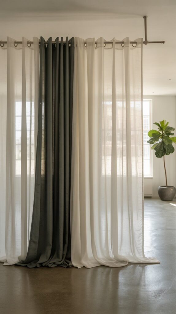 A stylish room divider created with sheer and solid curtains hung from a rod.