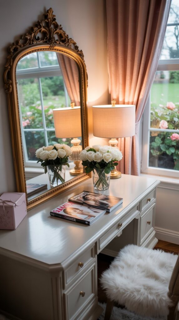 A glamorous teen girl bedroom featuring a white desk with a gold-framed mirror, elegant decor, and soft lighting.