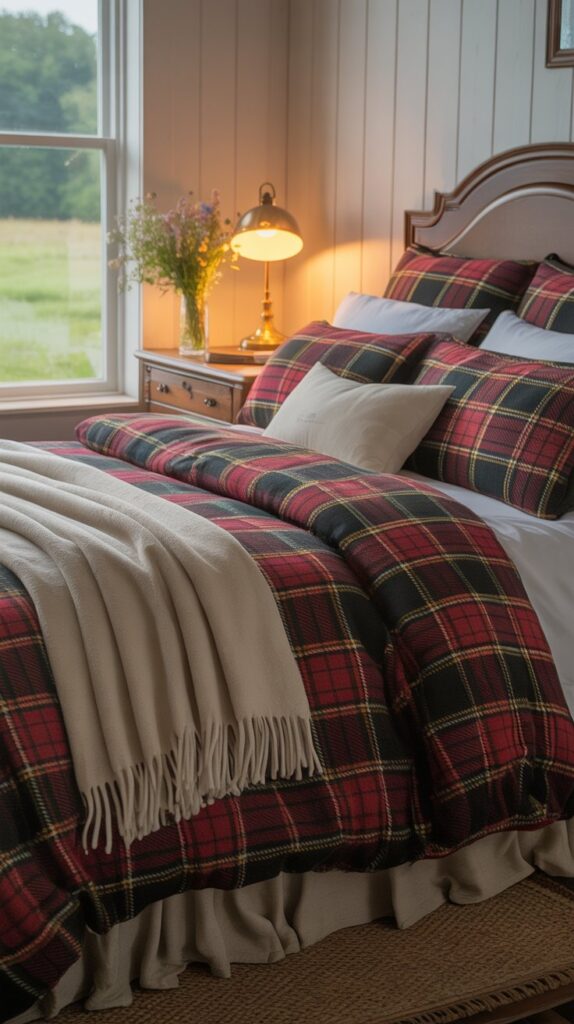 A cozy farmhouse bedroom featuring soft flannel bedding in plaid, with pillows and a throw blanket.